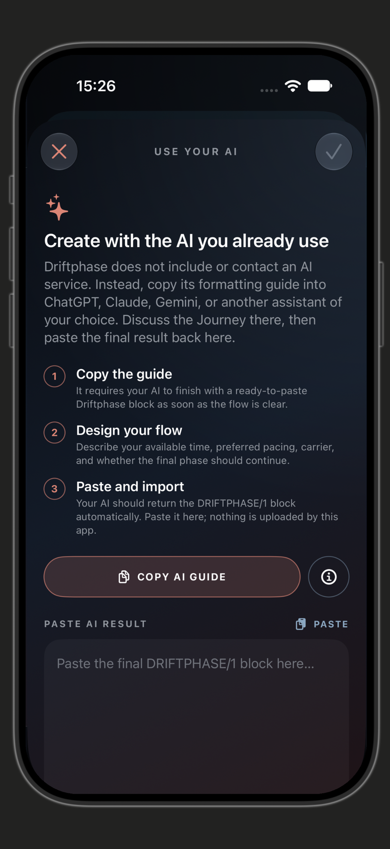 DriftPhase Use Your AI screen, with a formatting guide and a field for importing a journey