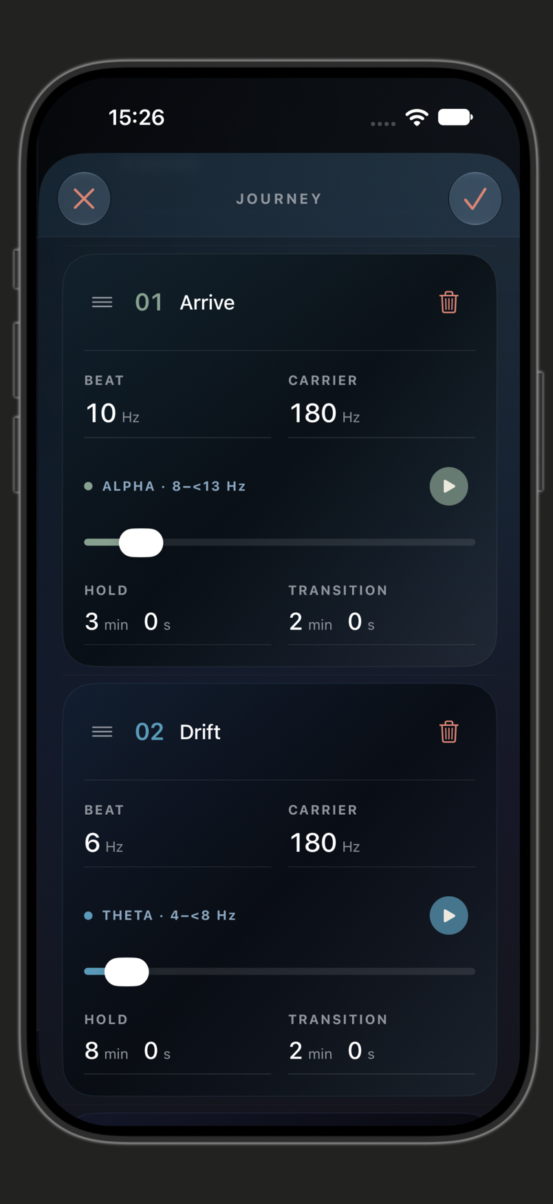 DriftPhase journey editor with Arrive and Drift phases, frequency, hold and transition settings