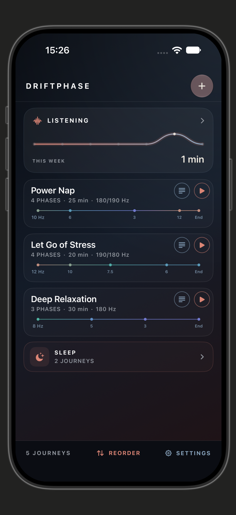 DriftPhase library on iPhone, with journeys and their phase timelines
