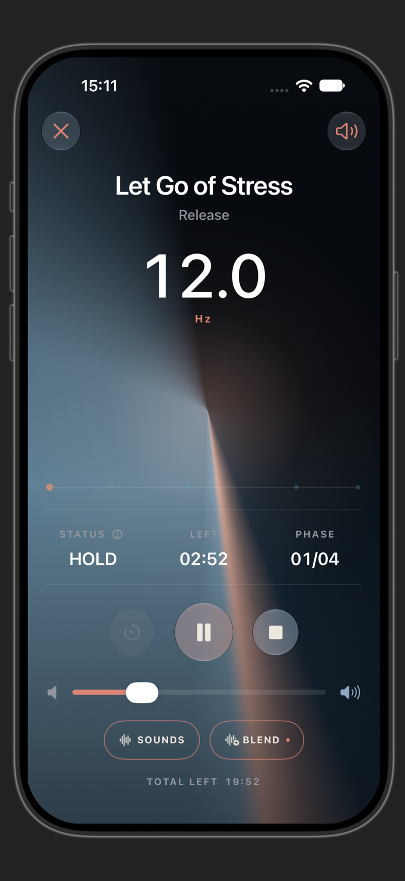 DriftPhase player showing the current frequency, phase and playback controls